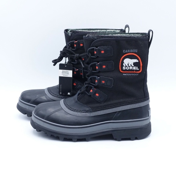 NEW SOREL Men's Caribou XT Insulated Waterproof Snow Boot NM2138-010 Black/Red - Picture 1 of 8